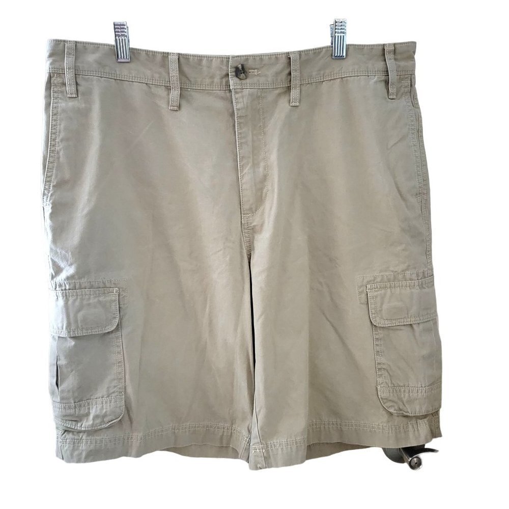 Eddie Bauer Men's Sz 38 Tan Khaki Flat Front 100% Cotton Cargo Hiking Shorts
